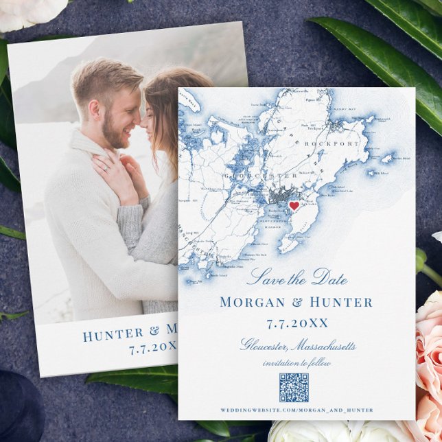 Gloucester Cape Ann Save the Date Elegant QR code (These Gloucester, MA map save the dates feature a QR code, and are perfect for destination weddings)