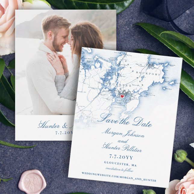 Gloucester MA Elegant Navy Wedding  Save The Date (These Gloucester, MA map save the dates are perfect for your destination wedding to Cape Ann)