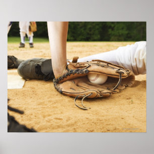 Glove of baseball player tagging runner out, poster