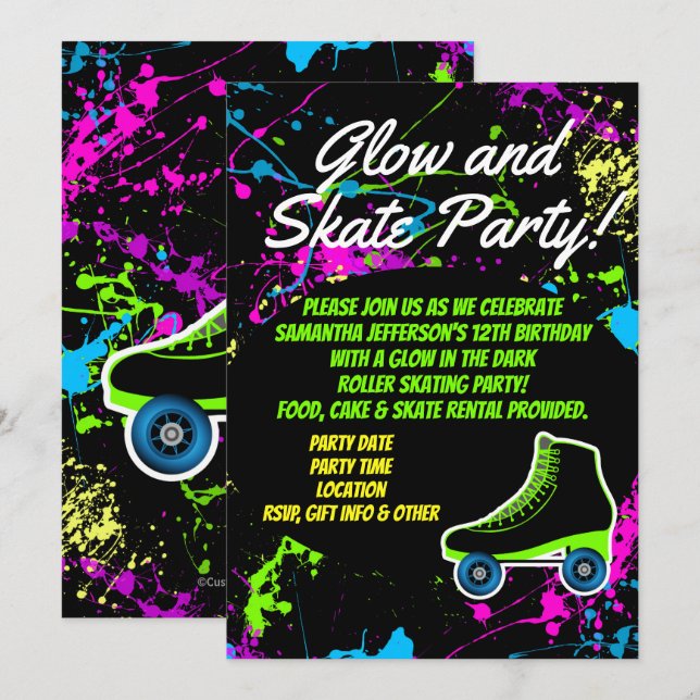 Glow and Skate Roller Skating Kids Birthday Party Invitation (Front/Back)