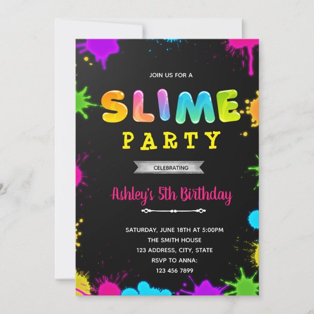 Glow and sleepover slime party invitation (Front)
