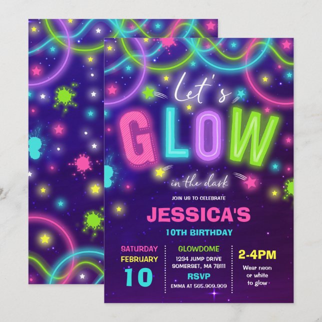 Glow Birthday Invitation Neon Glow Dance Party (Front/Back)