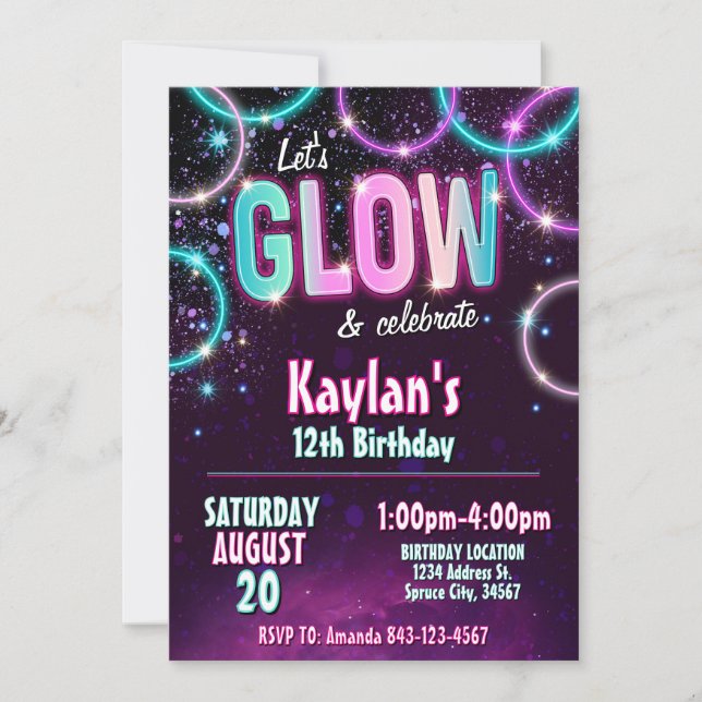 Glow Birthday Party Invite (Front)