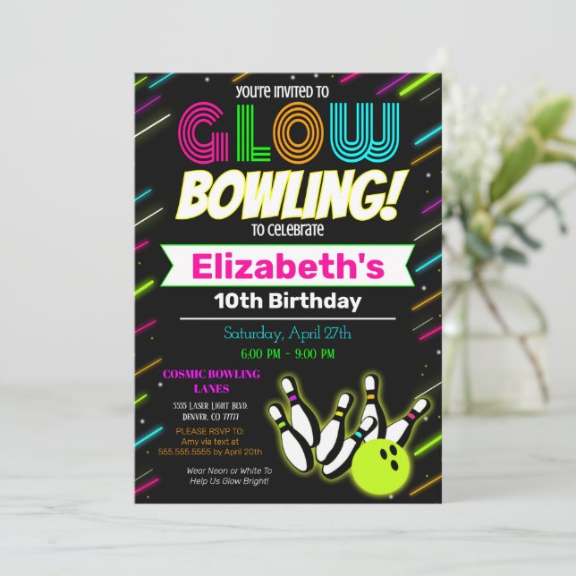 Glow Bowling Birthday Invitation (Standing Front)