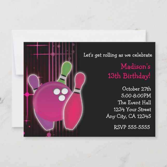 Glow Bowling Bowl Girls Birthday Party Invitation (Front)