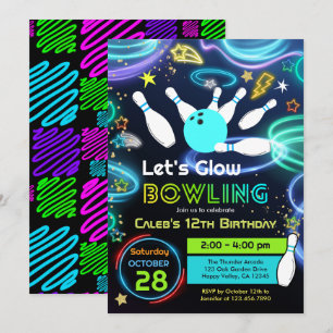 Glow Bowling Kid Birthday Party Neon Colour Invitation