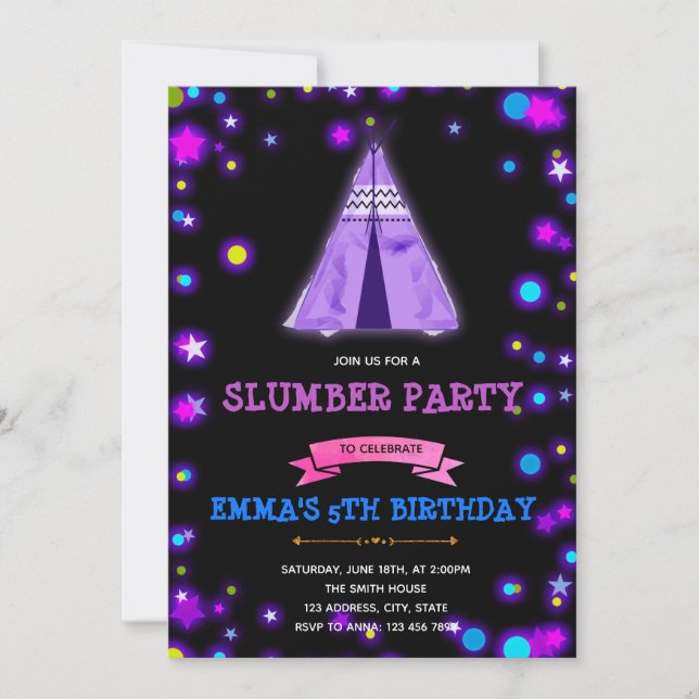 Glow Cute glow teepee sleepover party Invitation (Front)