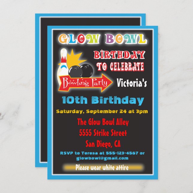 Glow dans les invitations de la partie de bowling  (Devant / Derrière)