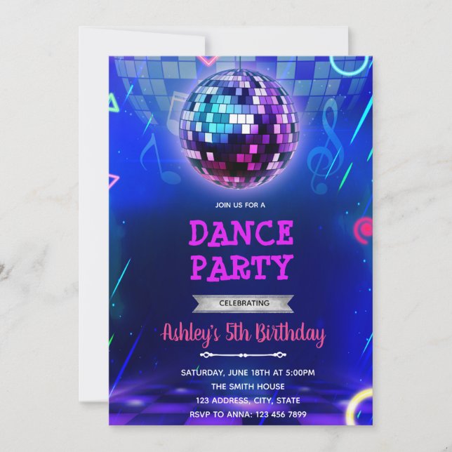 Glow disco dance party invitation (Front)