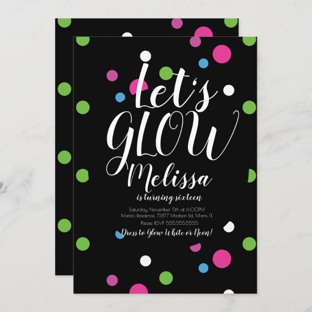 Glow Dots Birthday Confetti Neon Glow In The Dark Invitation (Front/Back)
