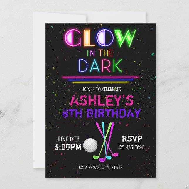 Glow golf party invitation (Front)