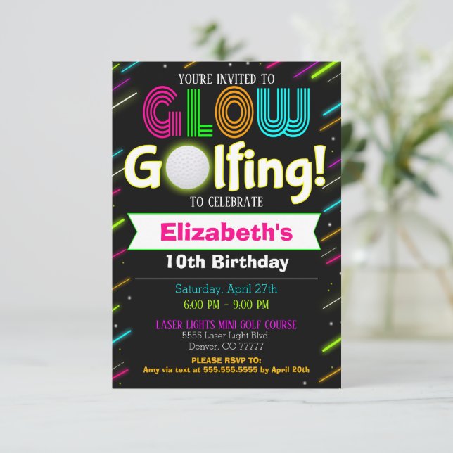 Glow Golfing Birthday Invitation (Standing Front)