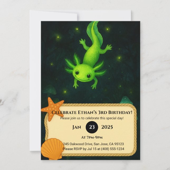 Glow Green Axolotl in Swamp Birthday  Invitation (Front)