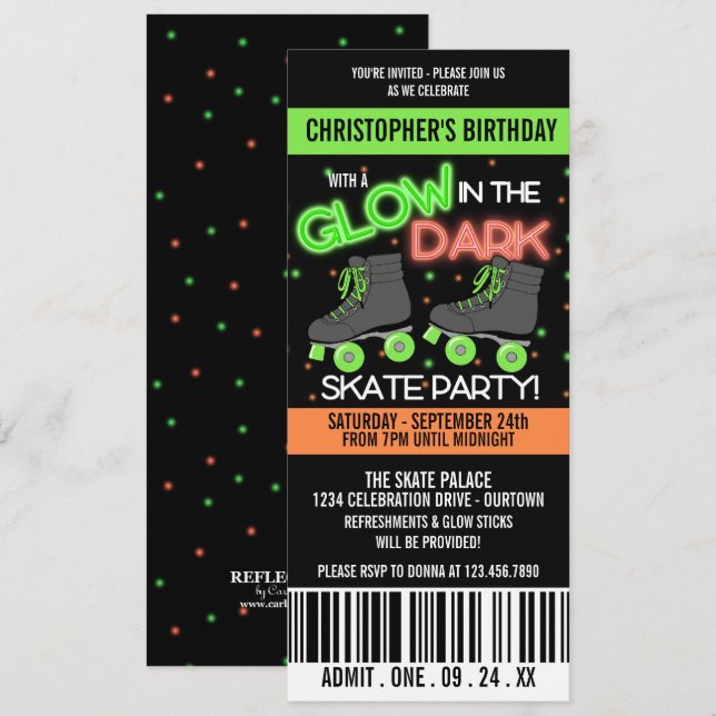 Glow in Dark Skating Invitation de fête d'annivers (Devant / Derrière)