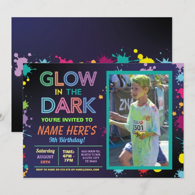 Glow In The Dark Birthday Neon Paint Party Photo Invitation (Front/Back)