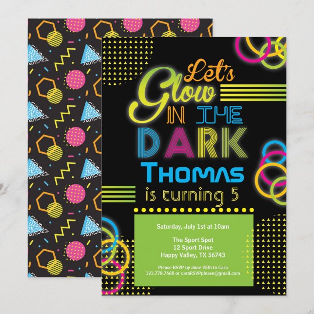 Glow in the dark birthday party invitation (Front/Back)