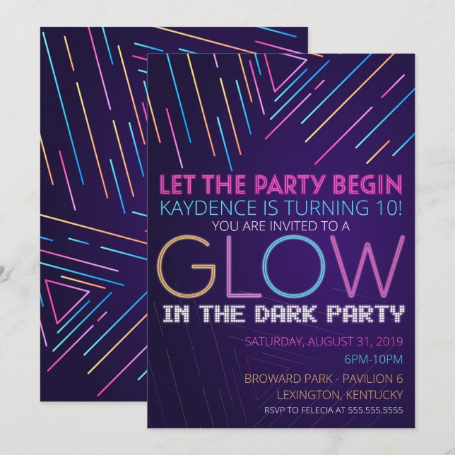 GLOW in the Dark Birthday Party Invitation (Front/Back)