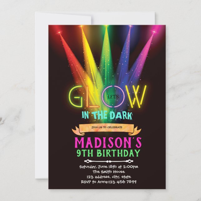 Glow in the dark birthday party invitation (Front)