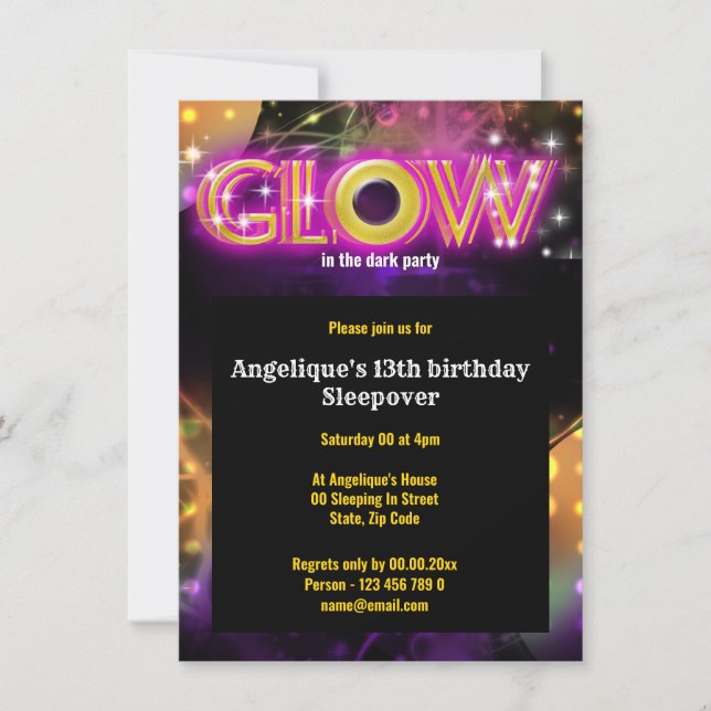 Glow in the dark kids glow party invitation (Front)