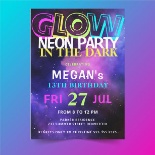 Glow in the dark neon birthday party invitation