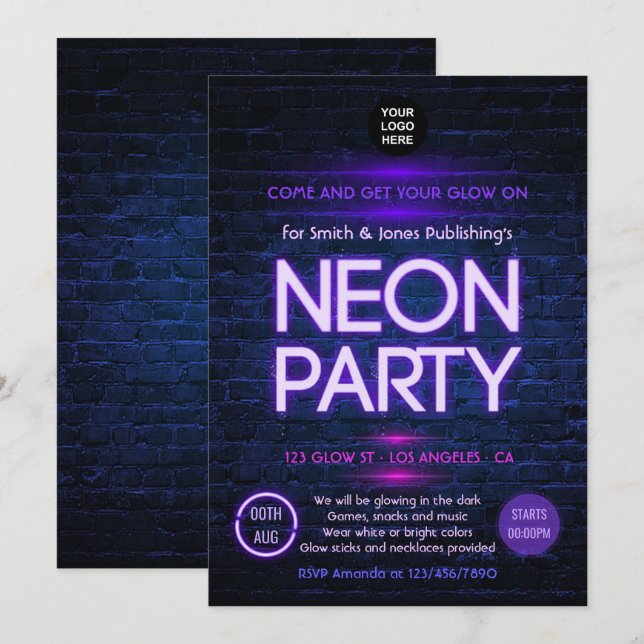 Glow in the Dark Neon Invitation de la fête de l'e (Devant / Derrière)