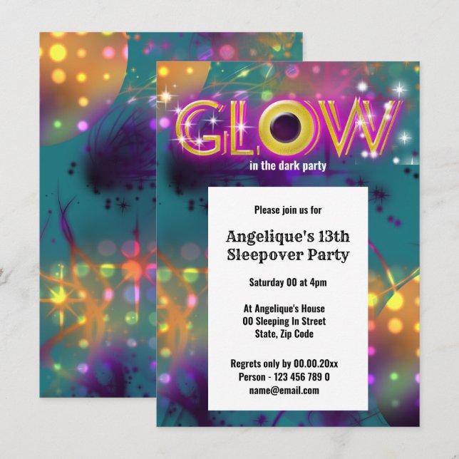 Glow in the dark neon party for kids invitation (Front/Back)