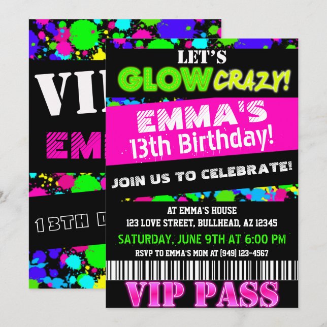 Glow in the Dark Neon Party VIP Pass Birthday Invitation (Front/Back)