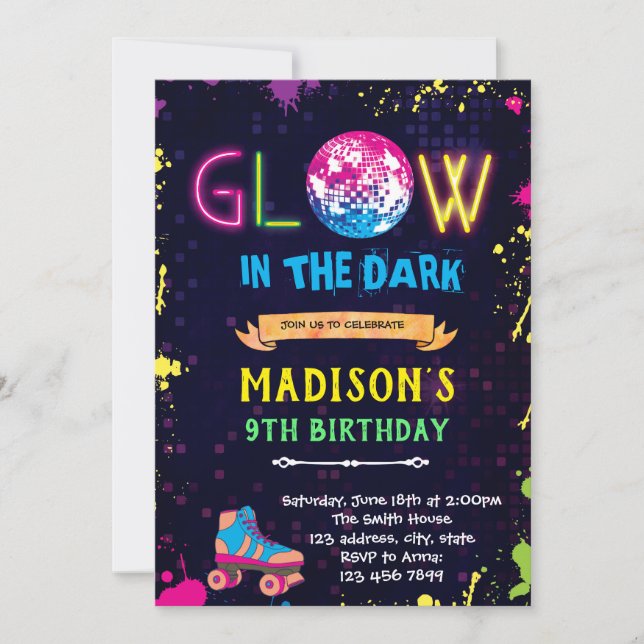 Glow in the dark roller skate invitation (Front)