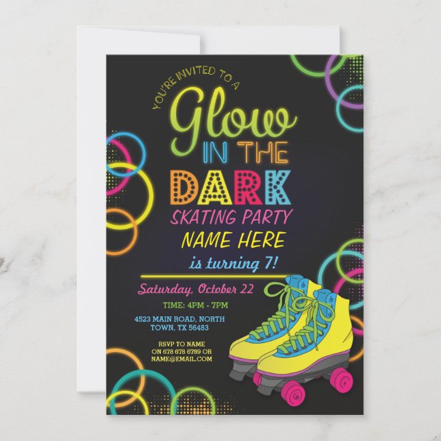 Glow In The Dark Roller Skating Birthday Invite (Front)