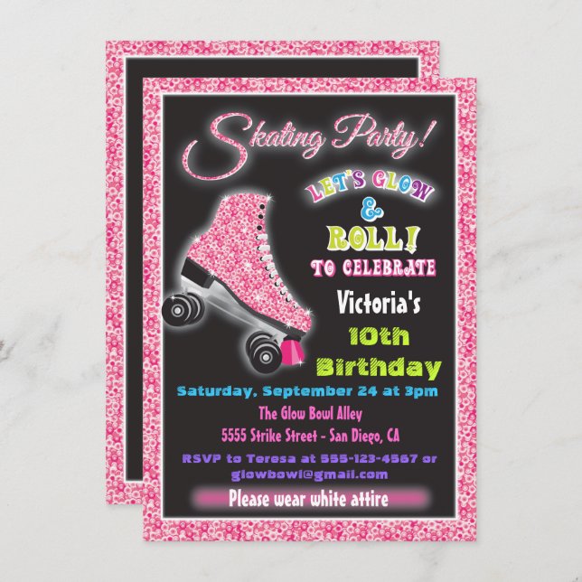 Glow in the dark roller Skating party invitations (Front/Back)