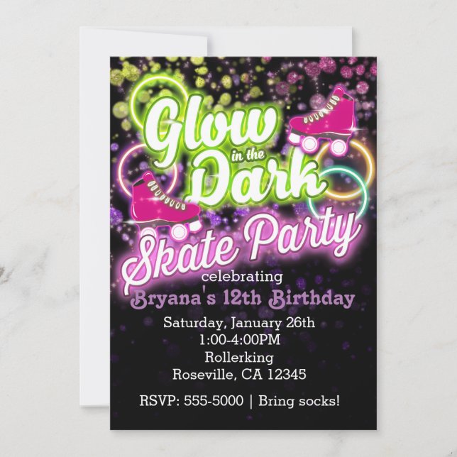 GLOW in the dark SKATE PARTY Birthday Invitation (Front)