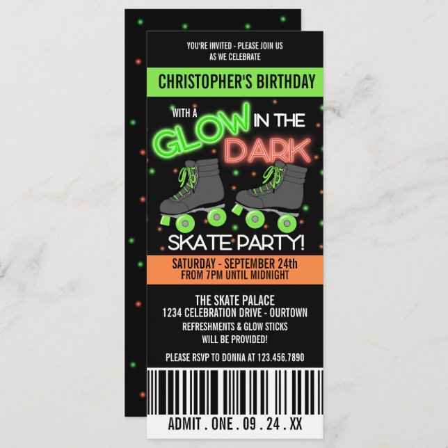 Glow in the Dark Skating Birthday Party Invitation (Front/Back)