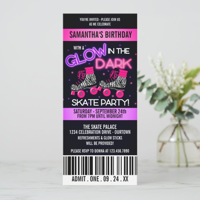 Glow in the Dark Skating Birthday Party Invitation (Standing Front)