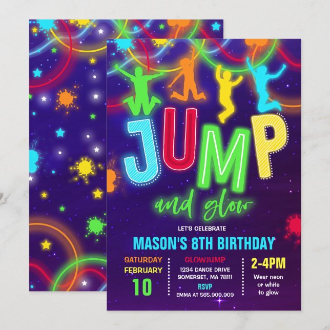 Glow Jump Invitation Neon Jump Birthday Party (Front/Back)