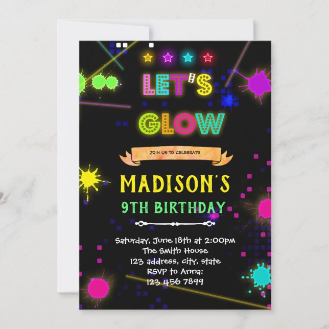 Glow laser tag birthday party invitation (Front)