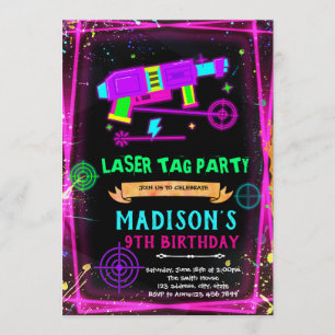 Glow laser tag girl birthday invite