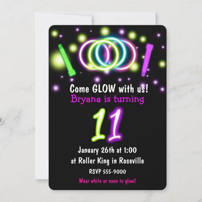 GLOW Lights 11th Birthday Party Age 11 Invitation (Front)