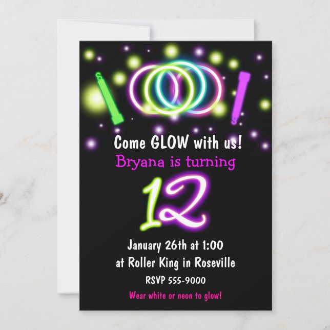 GLOW Lights 12th Birthday Party Age 12 Invitation (Front)