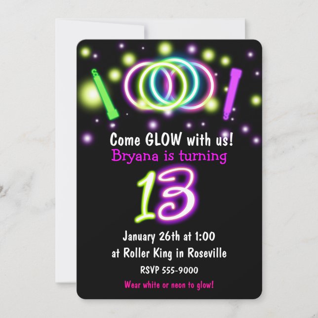 GLOW Lights 13th Birthday Party Age 13 Invitation (Front)