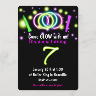 GLOW Lights 7th Birthday Party Age 7 Invitation