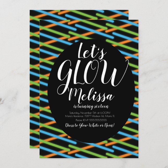 Glow Lines Birthday Confetti Neon Glow In The Dark Invitation (Front/Back)