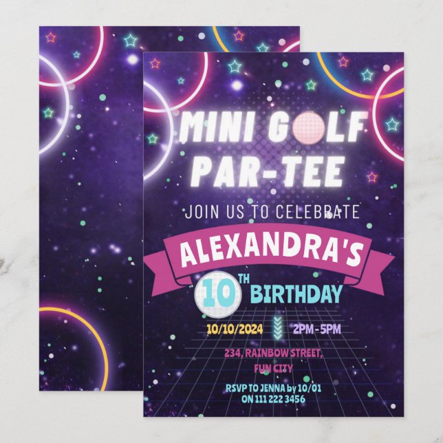 Glow Mini Golf Birthday Party Girl Invitation (Front/Back)