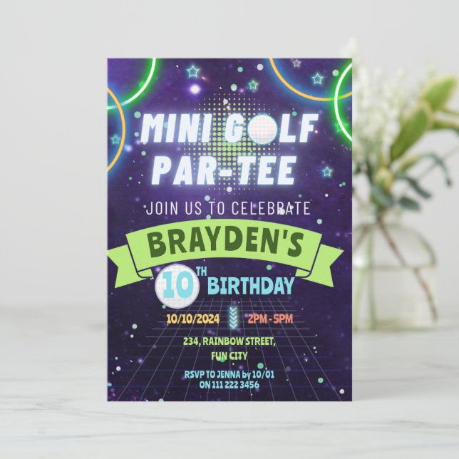 Glow Mini Golf Boys Birthday Party  Invitation (Standing Front)