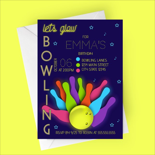 Glow Neon Bowling Birthday Invitation (Let's Glow Bowling | Cosmic Bowling Birthday Party Invitation)