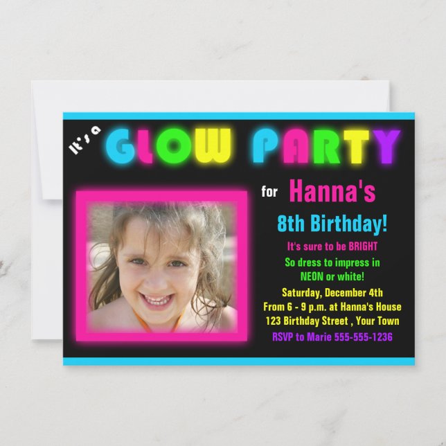 Glow Party Birthday Invitation Custom Photo (Front)