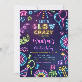Glow Party Birthday Invitation, Neon Glow Theme Invitation