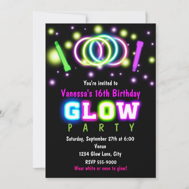 GLOW PARTY Birthday Neon Black Light Invitation (Front)