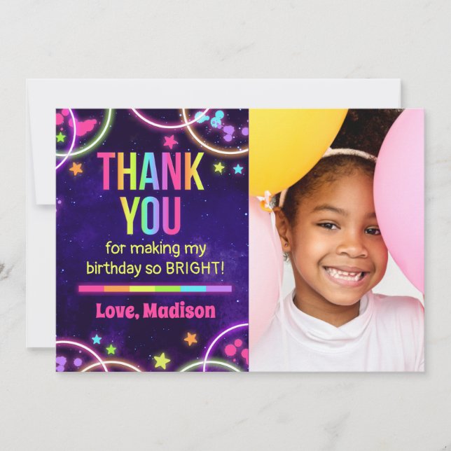 Glow Party Birthday Thank You Cards with Photo (Front)