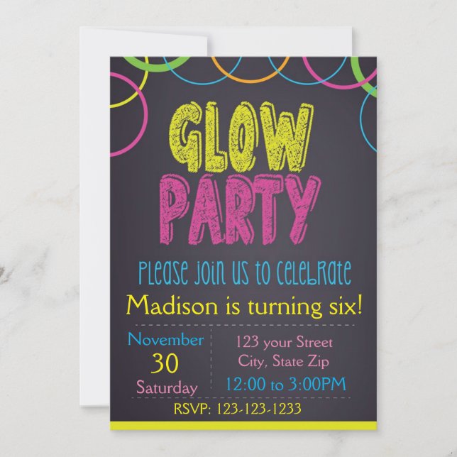 Glow Party Chalkboard Birthday Invitation (Front)