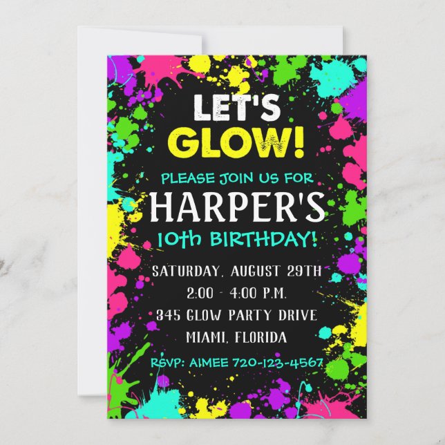Glow Party Invitation | Glow Birthday Party Invite (Front)